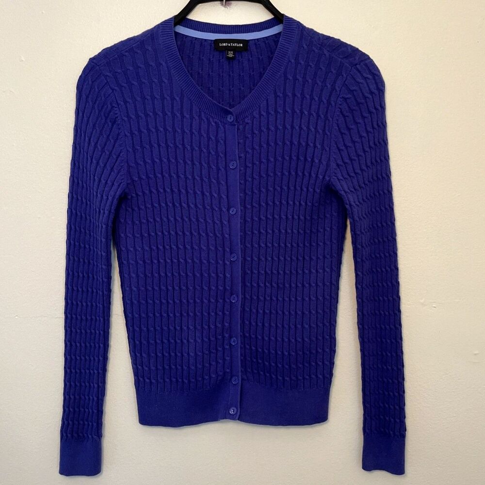 LORD AND TAYLOR Plaited Knit Cotton Long Sleeve Cardigan, Purple- Medium